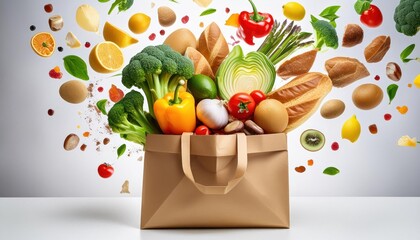 Food or groceries flying out from paper shopping bag on white background. File contains