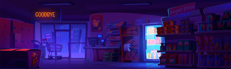 Supermarket interior with products on shelves and in refrigerators, cashier desk and lockers at night. Cartoon dark vector illustration of empty closed retail shop building inside with fresh groceries