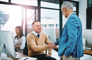 Businessman, handshake and meeting with CEO for hiring, introduction or greeting in agreement at office. Mature man, mentor or employees shaking hands for recruiting, thank you or deal at workplace