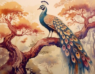 Colorful peacocks sitting on a tree branch. Oriental, exotic wallpaper, graphics