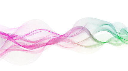 Luminous neon pink and green gradient wave lines radiating energy, isolated on a solid white background."