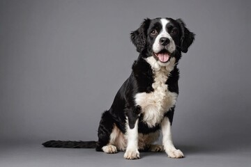 sit Schapendoes dog with open mouth looking at camera, copy space. Studio shot.