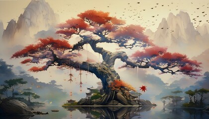 Orientalny ogród z drzewem na środku stawu. Grafika, tapeta - obrazy, fototapety, plakaty
