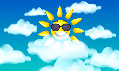 Sun in sunglasses character smiley cartoon, blue sky with clouds
