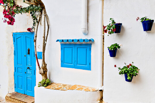Typical white house with blue door in the beautiful city of Mojacar, Almer&iacute;a, Andalusia	
