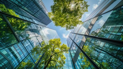 Low angle shot of modern glass building and green trees against clear sky background,AI generated image.