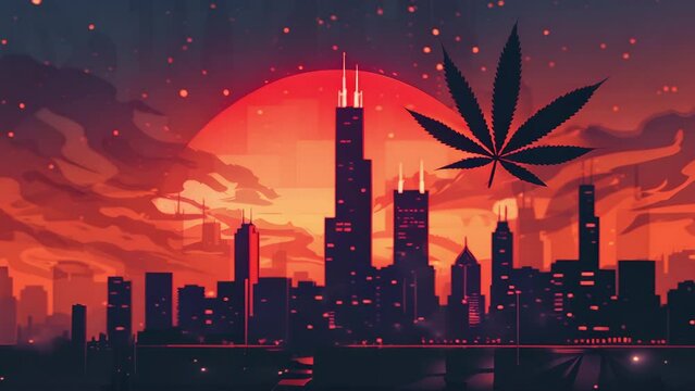 Pushing towards a red illustration of the Chicago skyline with a marijuana leaf over head. Logo or background for Chicago based cannabis products company.
