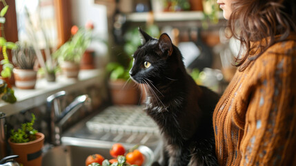 Cute curious black cat sitting on kitchen counter next to owner. Bonding time. Affection. Feline.