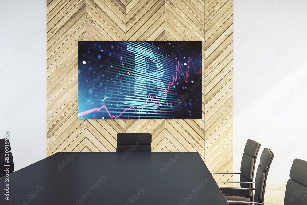 Poster Creative Bitcoin symbol hologram on presentation monitor in a modern boardroom. Mining and blockchain concept. 3D Rendering