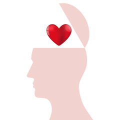 Heart in Human Head. Brain and Heart Concept. Vector Illustration. 