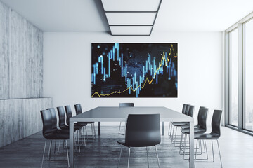 Abstract creative financial diagram on presentation monitor in a modern boardroom, banking and accounting concept. 3D Rendering