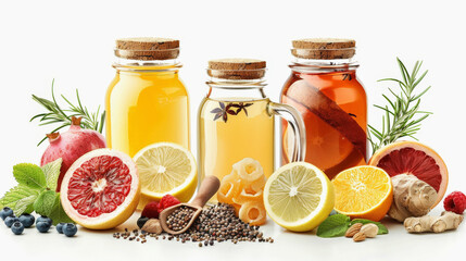 Three glass bottles of honey with various fruits, nuts, and spices on a white background. Healthy natural sweeteners concept.
