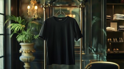 A black T-shirt hanging from a brass clothing rack, surrounded by hints of luxury and sophistication