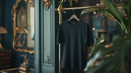 A black T-shirt hanging from a brass clothing rack, surrounded by hints of luxury and sophistication