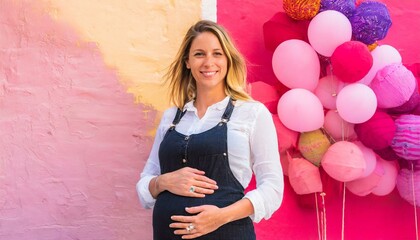 Schwangere Frau vor pinker Wand