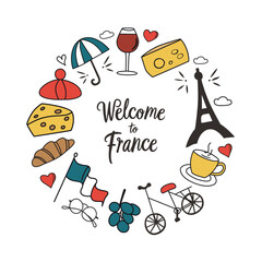 Welcome to France card, vector arrangement with croissant, Eifel tower, doodle icons of French symbols, layout of illustrations for print, poster or banner, template with lettering, Paris postcard