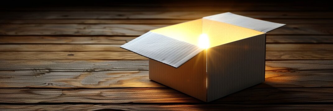 Mysterious glow  square cardboard box revealing a golden light, inviting exploration