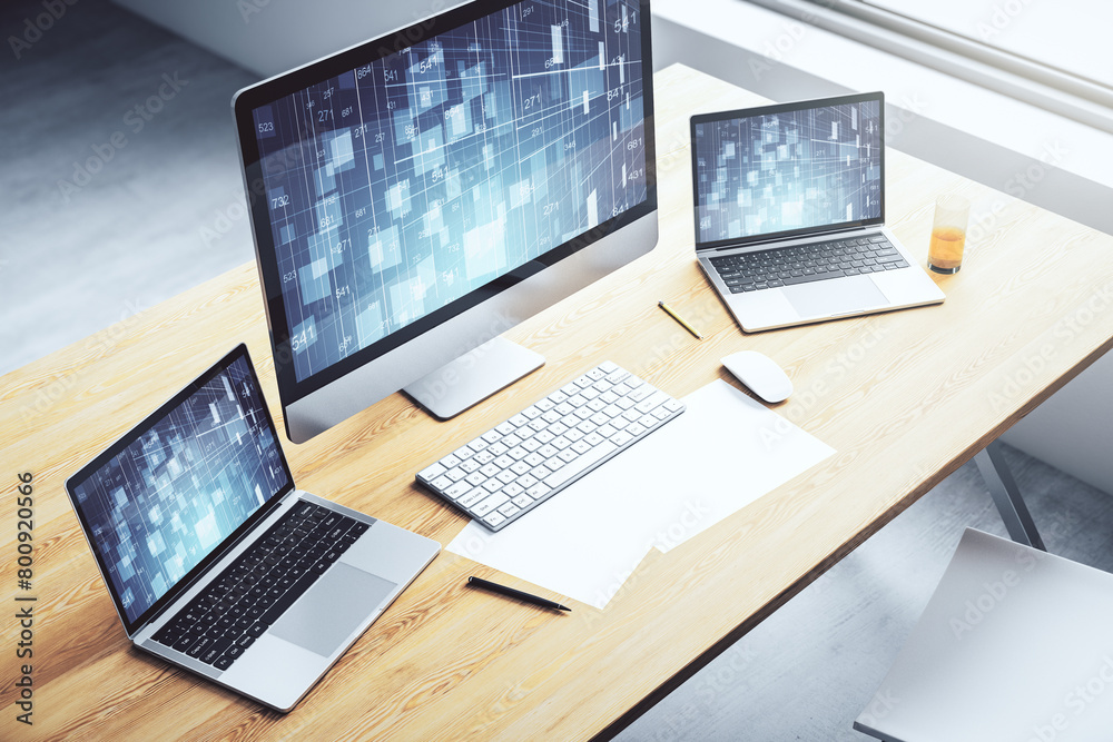 Fototapete modern computer monitor with abstract statistics data hologram interface, computing and analytics co