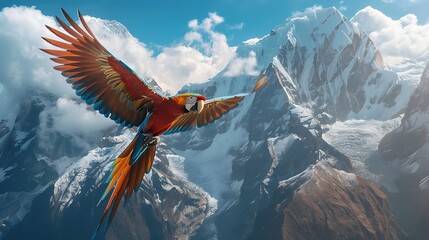 A breathtaking vista of a parrot soaring high above a rugged mountain peak, its colorful plumage a vivid contrast against the snow-capped summits below