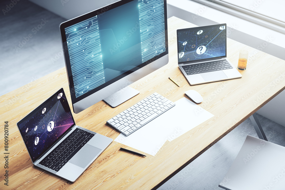 Poster Creative abstract micro circuit sketch on modern laptop monitor, future technology and AI concept. 3D Rendering