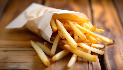 A close-up of golden fries in a paper bag on a wooden board with a warm light shining on them
