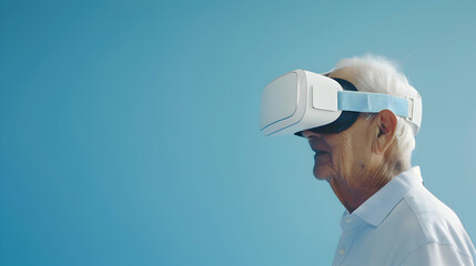 Older, mature man wearing virtual reality (VR) goggles. Light background. Space for copy.
