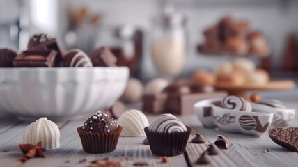 Chocolate candies and sweets on a clean modern kitchen table. World Chocolate Day concept. Sweet chocolates perfect for valentines day background.