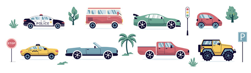 A set of modern cars. Taxi, police, convertible, pickup truck. Bus, SUV, small car. Urban types of cars in a flat style. for the web, print, banner. png art  illustration.