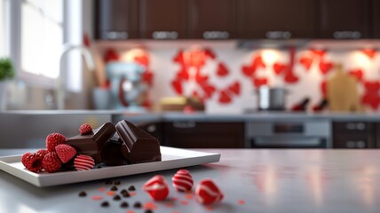 Chocolate candies and sweets on a clean modern kitchen table. World Chocolate Day concept. Sweet chocolates perfect for valentines day background.