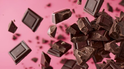 Chocolate chunks floating in the air over a hot pink background. World Chocolate Day concept. Sweet chocolates perfect for valentines day background.
