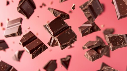 Chocolate chunks floating in the air over a hot pink background. World Chocolate Day concept. Sweet chocolates perfect for valentines day background.
