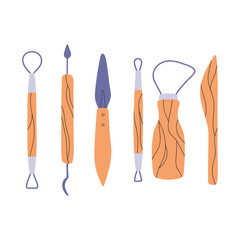Set of pottery tools in flat style. Collection of tools for clay in hand drawn style. Vector illustration.