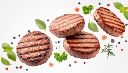 Grilled hamburger meat patties isolated on white background. Cooked beef burger patty 