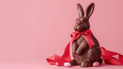 Chocolate easter rabbit with red ribbon, World Chocolate Day concept. Sweet chocolates perfect for...