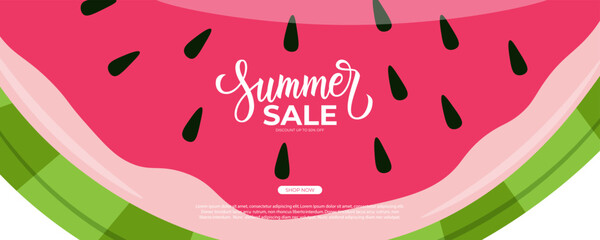 Summer Sale Banner with watermelon and hand lettering. Summertime commercial background for seasonal shopping promotion and summer sale advertising. Vector illustration.