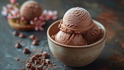 Chocolate ice cream photo, dark plan background, Chocolate ice cream explosion overhead shot, World...