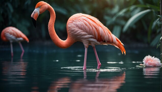 A vivid image of a flamingo gracefully standing in calm waters with lush greenery and reflection