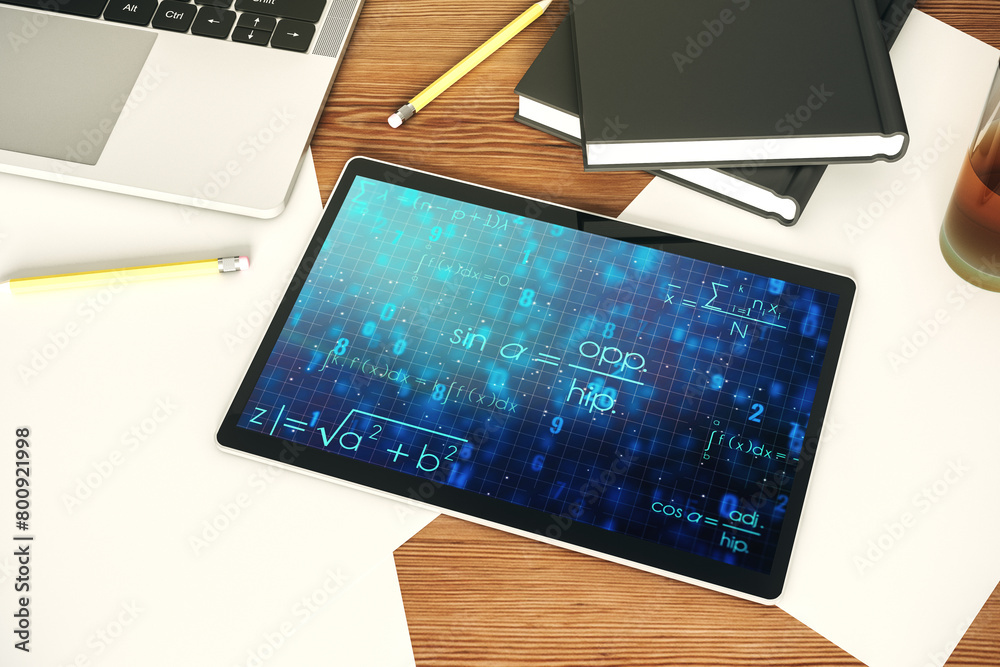 Poster creative scientific formula illustration on modern digital tablet display, science and research conc