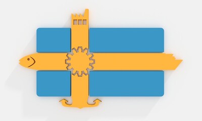 Sweden national banner and industrial icons collage. Ship, fish, factory, anchor icons on the end of flag stripes. 3D render