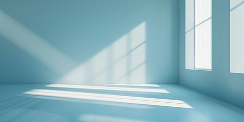empty room with blue wall and floor with sunlight  from the window. Interior background for the presentation. empty blue room
