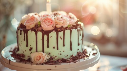 Close up photo of a delicious mint chocolate wedding cake, World Chocolate Day concept. Sweet chocolates perfect for valentines day background.