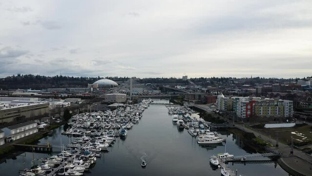 Drone Flight Towards East 21st Street Bridge On Thea Foss Waterway In Tacoma, Washington.