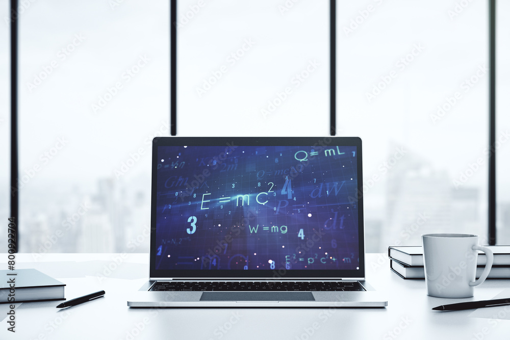 Poster creative scientific formula illustration on modern computer monitor, science and research concept. 3