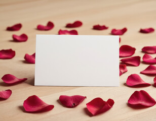 A light wooden surface with a few scattered rose petals and a blank white card positioned for a message.