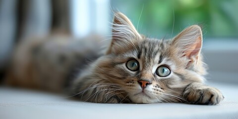 Naklejka premium A cute domestic cat, a kitten with grey fur, looking pretty adorable.