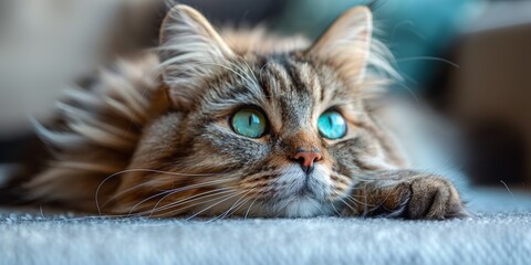 Fototapeta premium A cute domestic cat is resting on the windowsill, her gray fur is fluffy and adorable.