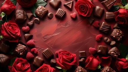 Create Valentine day template, decorated with chocolate and roses World Chocolate Day concept....