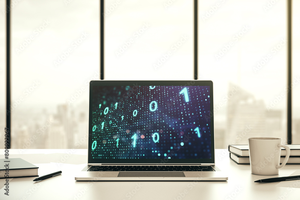 Aufkleber Creative abstract binary code sketch on modern laptop monitor, hacking and matrix concept. 3D Rendering