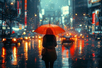 In a rainy city, a woman walks alone, her red umbrella adding color to the gray streets.