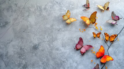 Colorful butterflies on a marble background with copy space for text